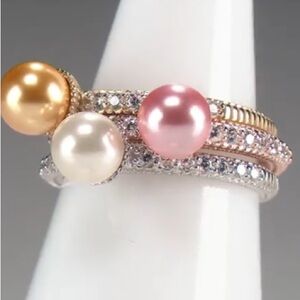 Judith Ripka Pearl Trio Ring - gold-silver - rose colors - CZ band